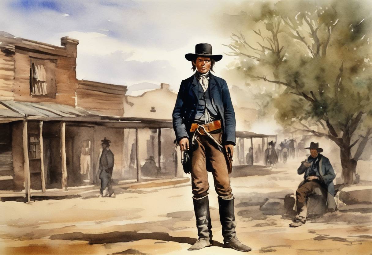 Watercolor painting based depiction of Billy the Kid, an infamous American outlaw, was shot and killed by Sheriff Pat Garrett in Fort Sumner, New Mexico. (1881)