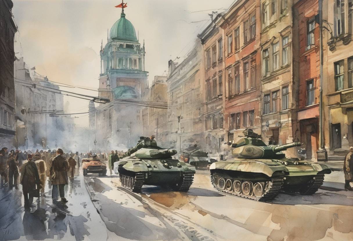 Watercolor painting based depiction of The Warsaw Pact was signed by the Soviet Union and seven other Eastern Bloc socialist republics of Central and Eastern Europe during the Cold War. (1955)