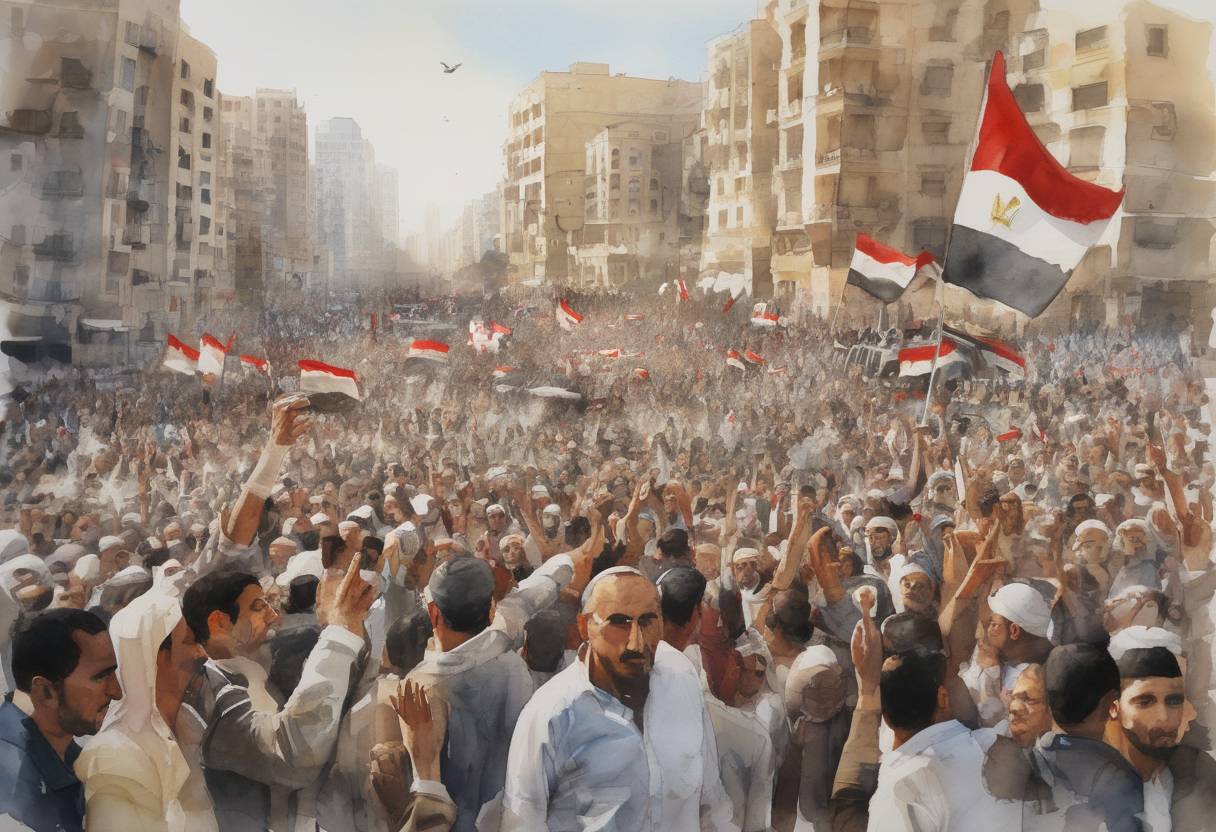 Watercolor painting based depiction of The Egyptian Revolution of 2011, part of the Arab Spring, intensifies as tens of thousands of protesters gather in Cairo and other cities, demanding the resignation of President Hosni Mubarak. (2011)