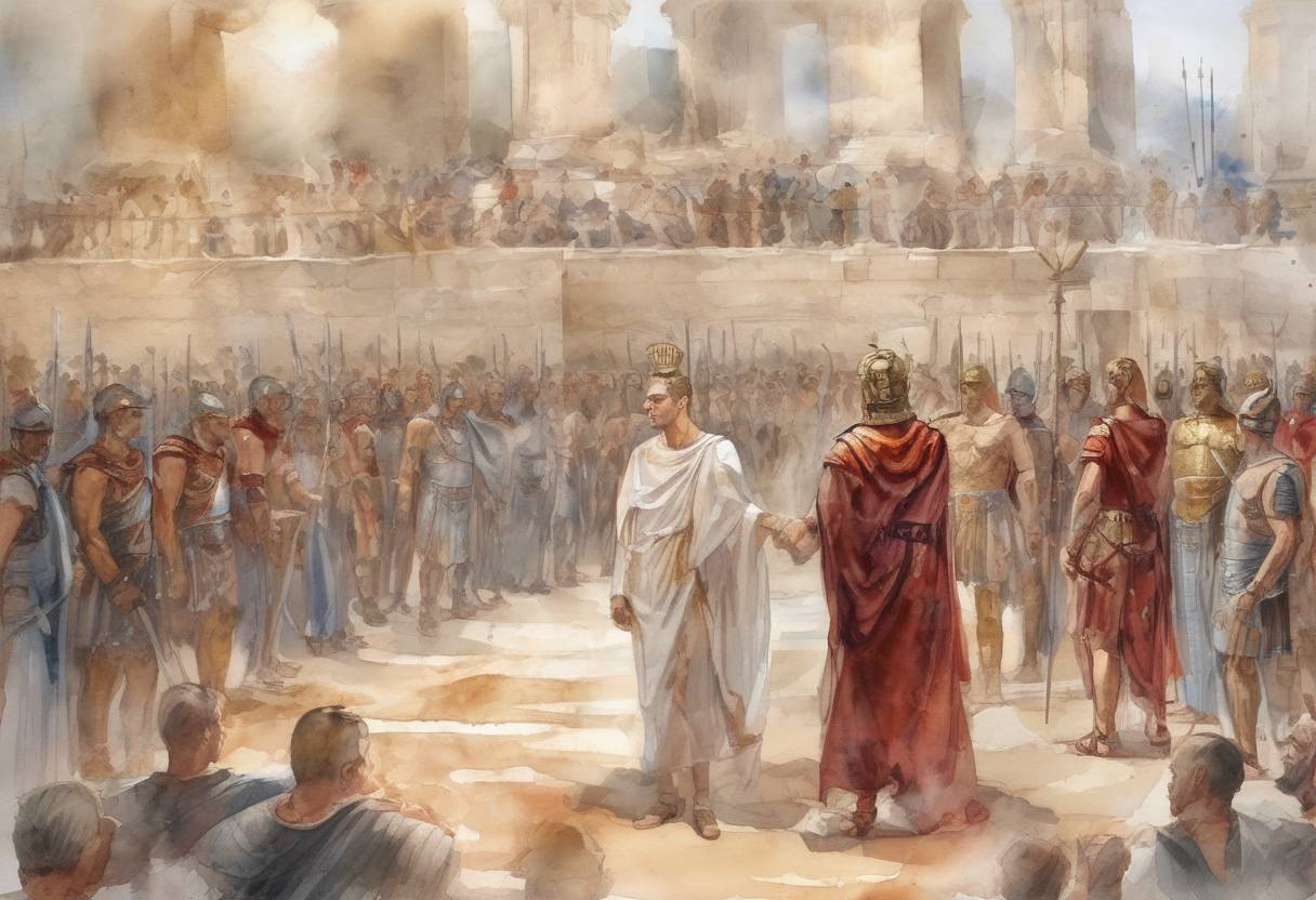 Watercolor painting based depiction of The Roman Emperor Gordian I was proclaimed emperor along with his son Gordian II, marking the beginning of the Gordian revolt against Emperor Maximinus Thrax. (241)