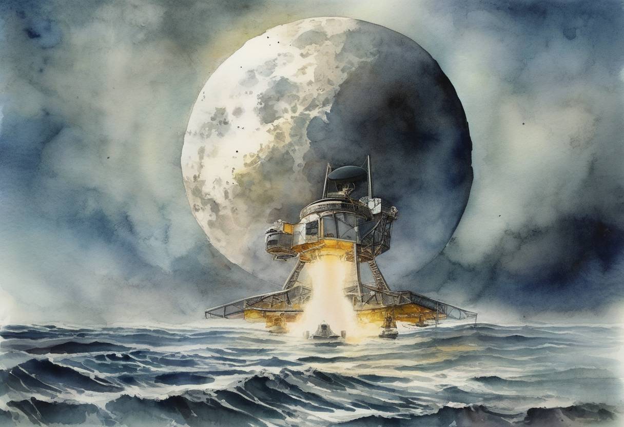 Watercolor painting based depiction of Surveyor 1, the first U.S. spacecraft to land on the Moon, successfully lands in the Ocean of Storms. (1966)