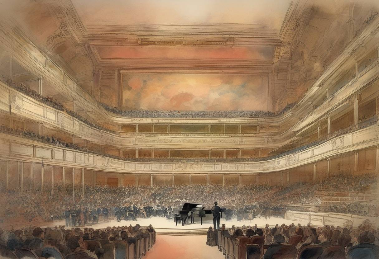 Watercolor painting based depiction of Carnegie Hall officially opens in New York City with a concert conducted by Tchaikovsky. (1891)