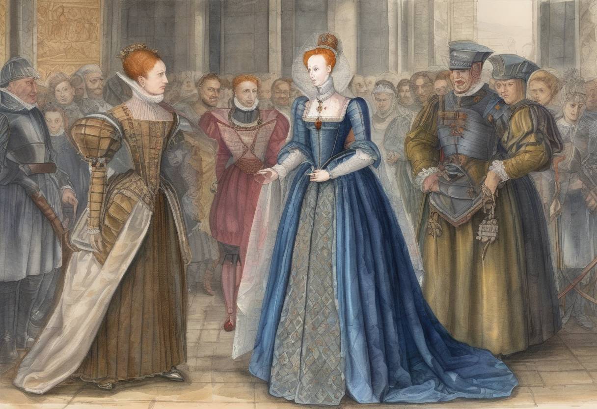 Watercolor painting based depiction of Queen Elizabeth I of England ordered the arrest of Mary, Queen of Scots. (1568)