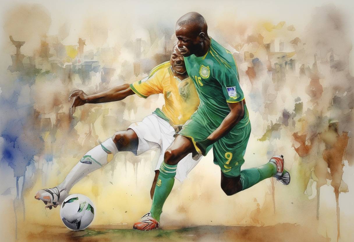 Watercolor painting based depiction of The 2010 FIFA World Cup begins in South Africa, marking the first time the tournament is held on the African continent. (2010)