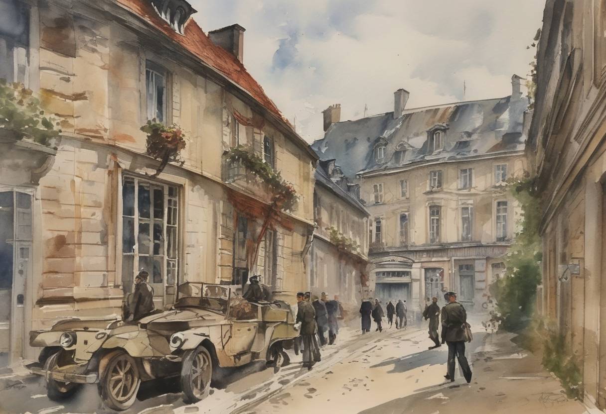 Watercolor painting based depiction of France signed an armistice with Nazi Germany at Compiègne, leading to the occupation of northern France and the establishment of the Vichy regime in the south. (1940)