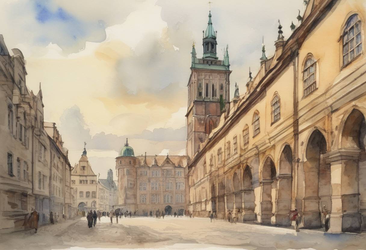 Watercolor painting based depiction of The University of Kraków, one of the oldest universities in the world, was founded by King Casimir III the Great. (1364)