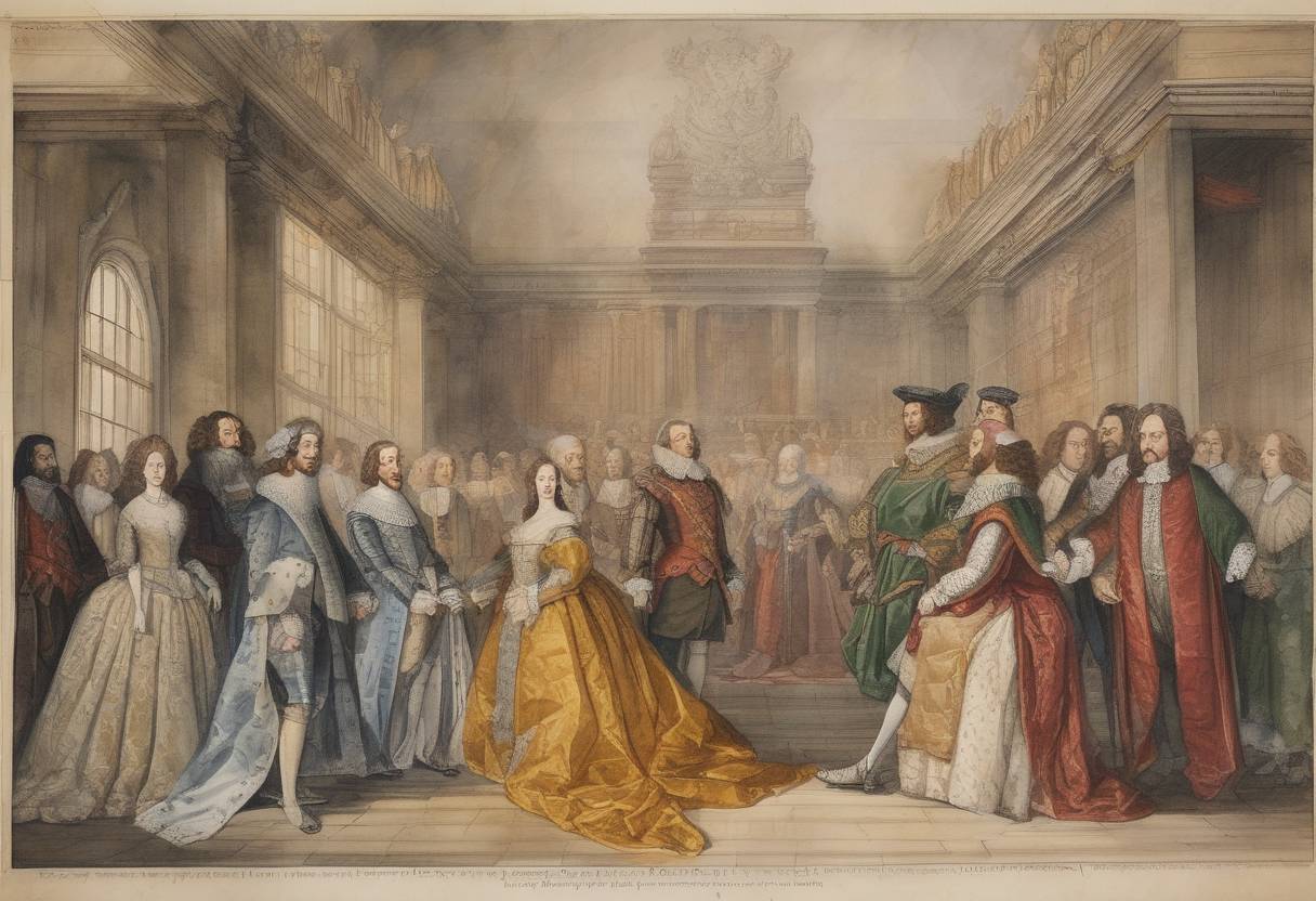 Watercolor painting based depiction of Charles I became King of England, Scotland, and Ireland following the death of his father, James I. (1625)