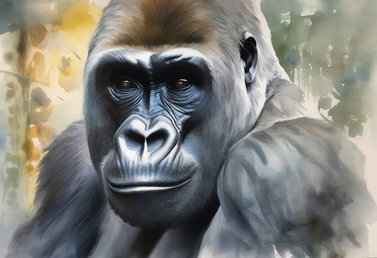 Watercolor painting based depiction of Harambe, a 17-year-old gorilla, is shot and killed at the Cincinnati Zoo after a child falls into his enclosure, sparking global debate on zoo safety and animal rights. (2016)