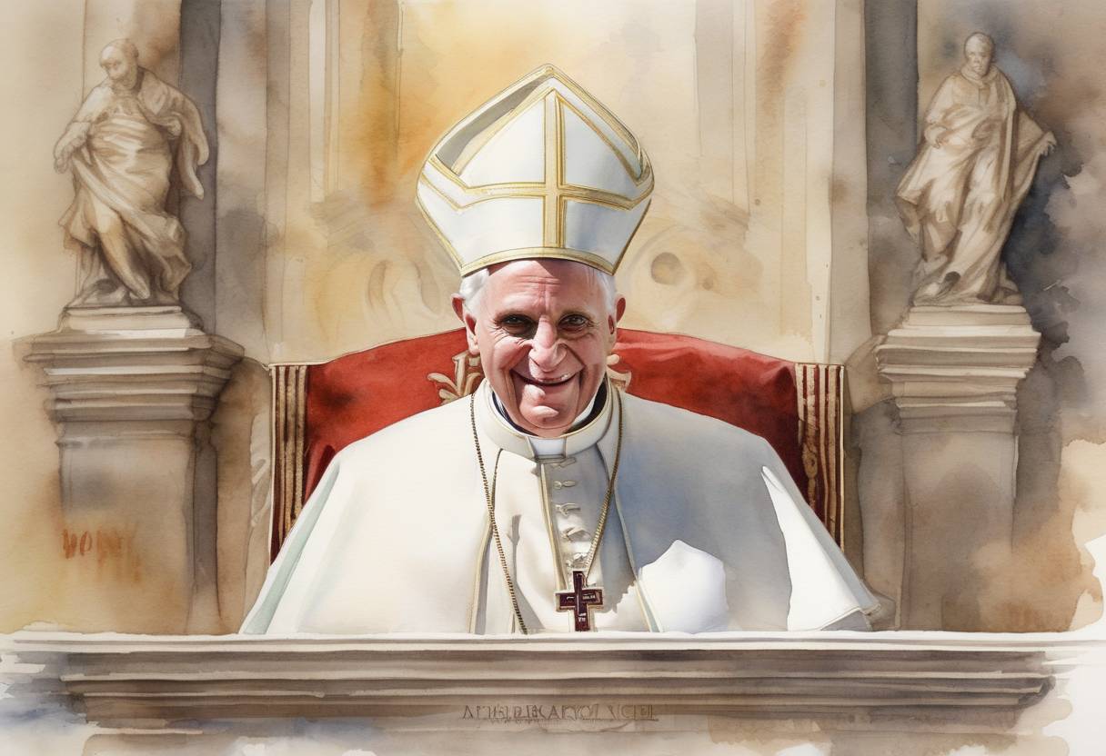 Watercolor painting based depiction of Pope Benedict XVI announced his resignation, becoming the first pope to do so in nearly 600 years. (2013)