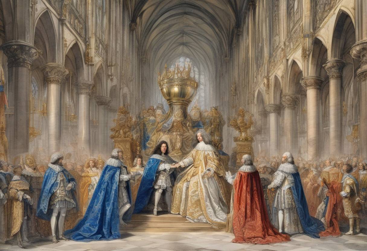 Watercolor painting based depiction of Louis XIV was crowned King of France in Reims Cathedral, marking the beginning of his reign, which would last for 72 years. (1654)