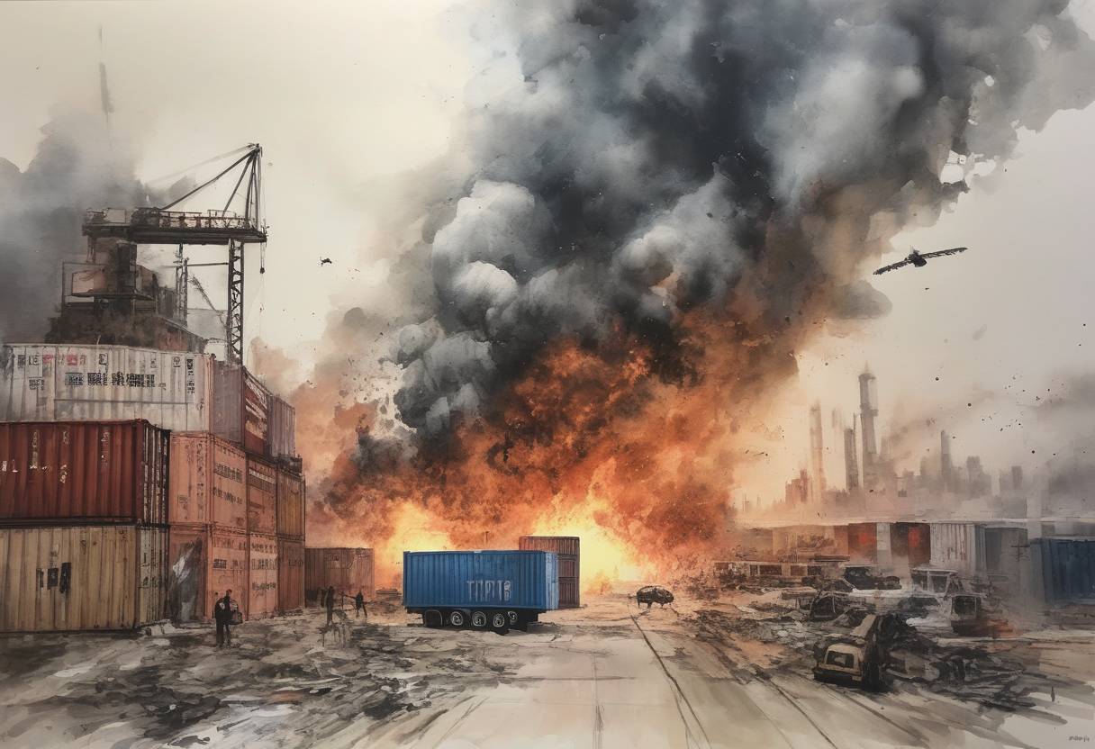 Watercolor painting based depiction of A series of explosions occurred at a container storage station at the Port of Tianjin in China, resulting in 173 deaths and hundreds of injuries. (2015)
