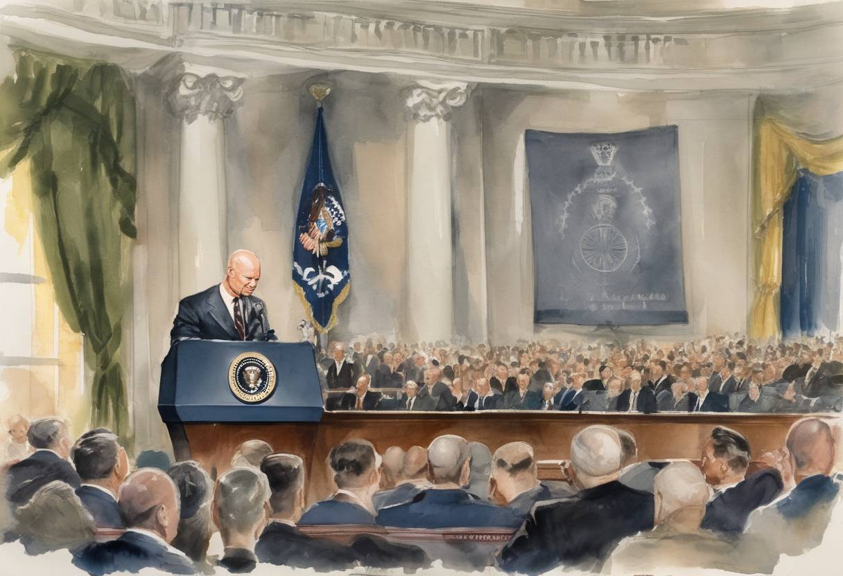 Watercolor painting based depiction of President Dwight D. Eisenhower delivers his farewell address to the nation, warning of the dangers of the military-industrial complex. (1961)