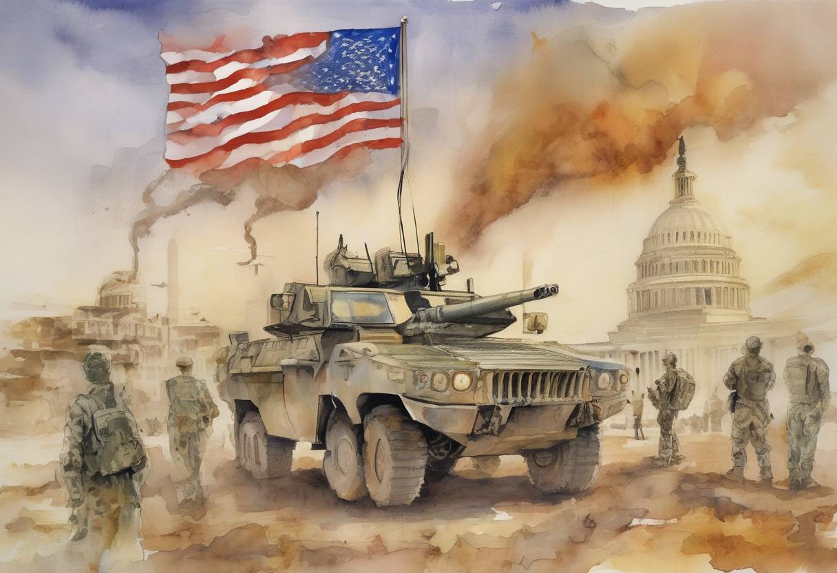Watercolor painting based depiction of The United States lifts economic sanctions on Libya after the country renounces its weapons of mass destruction programs. (2004)