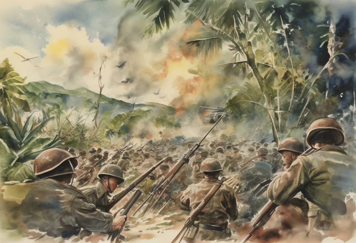 Watercolor painting based depiction of The Battle of Saipan ends in a decisive victory for the United States over Japan during World War II. (1944)