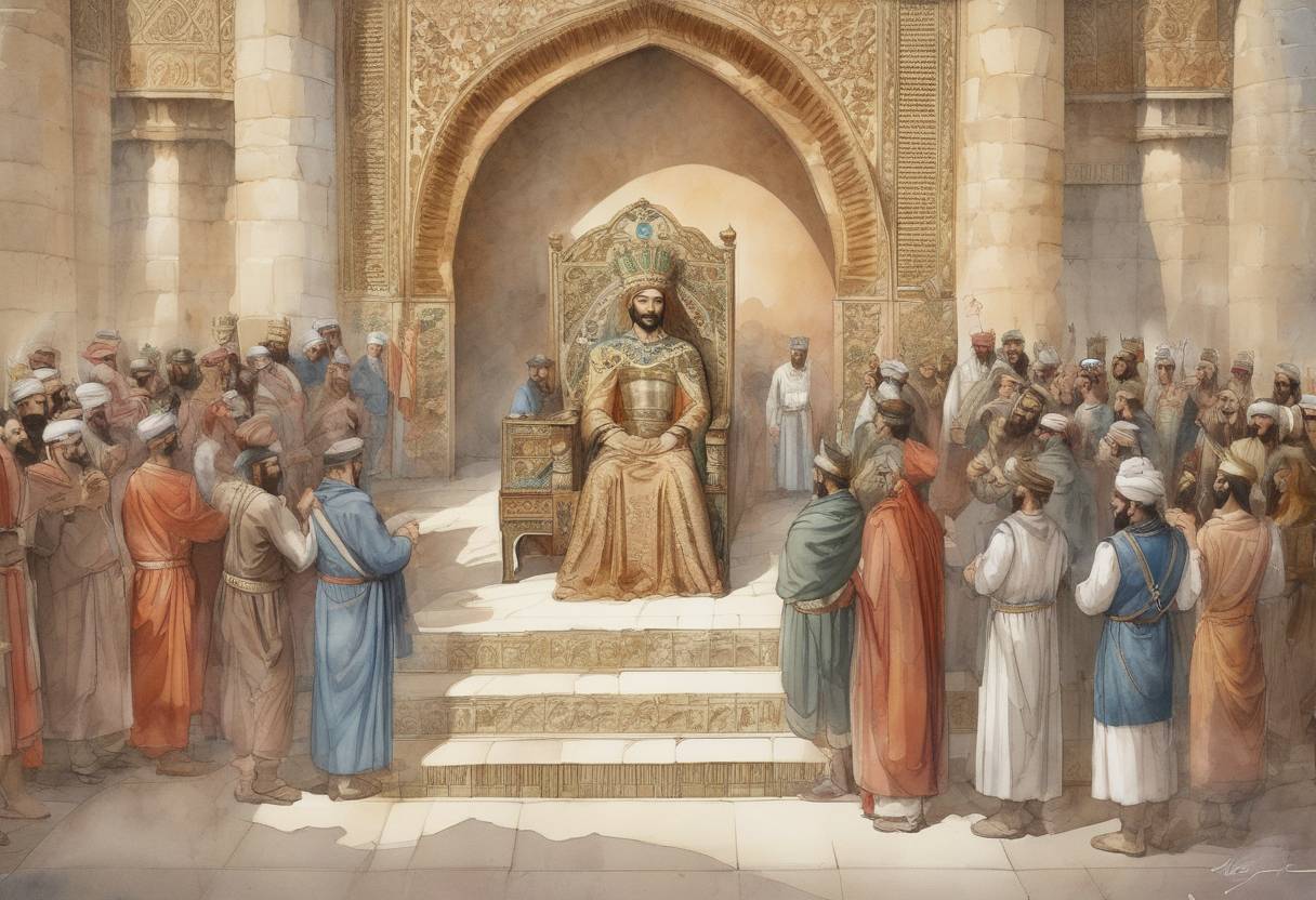 Watercolor painting based depiction of Khosrow II is crowned King of Persia, beginning his reign over the Sasanian Empire. His rule is marked by initial instability but later becomes known for cultural and military achievements. (590)