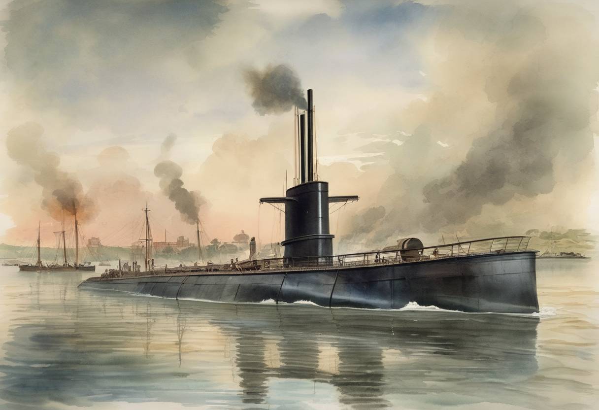 Watercolor painting based depiction of The H.L. Hunley became the first submarine to sink an enemy warship during the American Civil War. (1864)