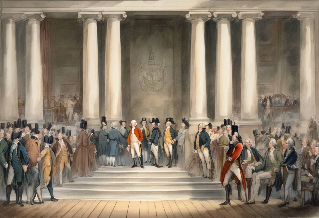 Watercolor painting based depiction of George Washington was inaugurated as the first President of the United States on the balcony of Federal Hall in New York City. (1789)