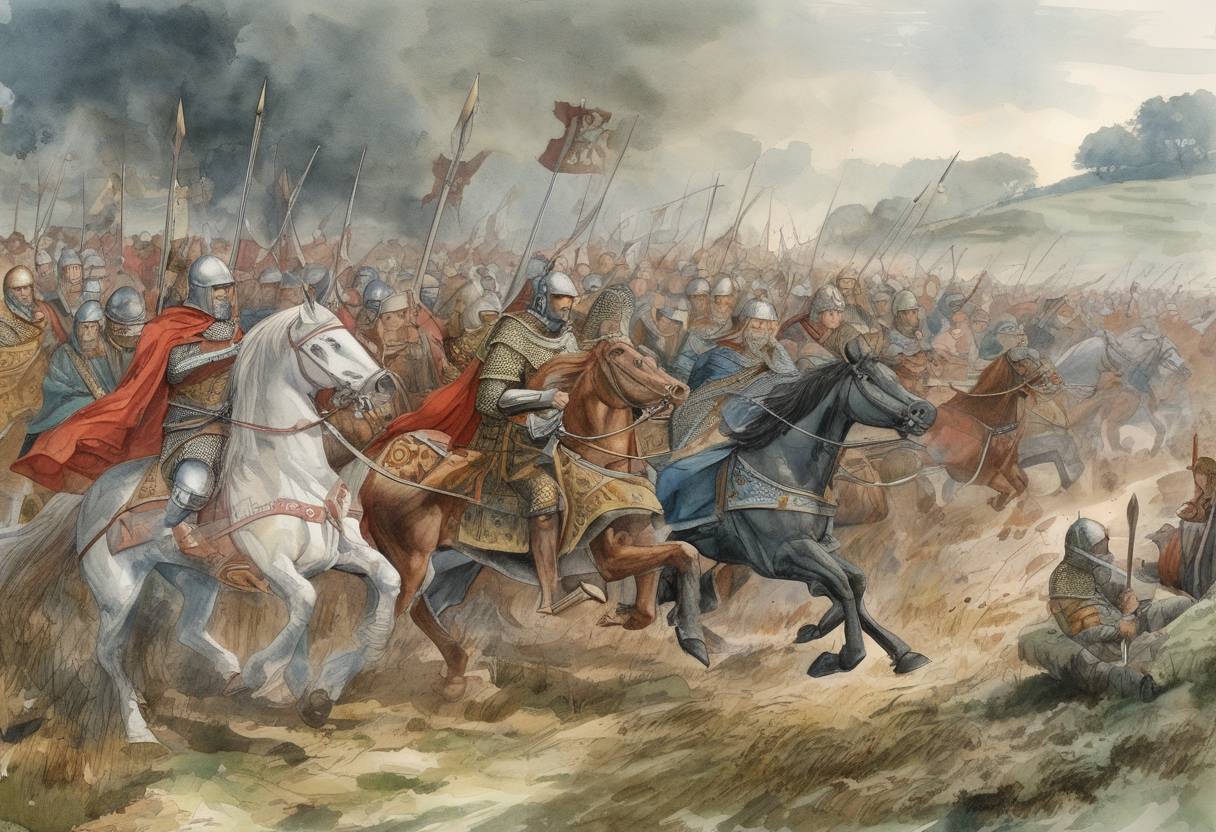 Watercolor painting based depiction of Battle of Ashdown: King Æthelred of Wessex and his brother Alfred the Great defeat the invading Danish army. (871)
