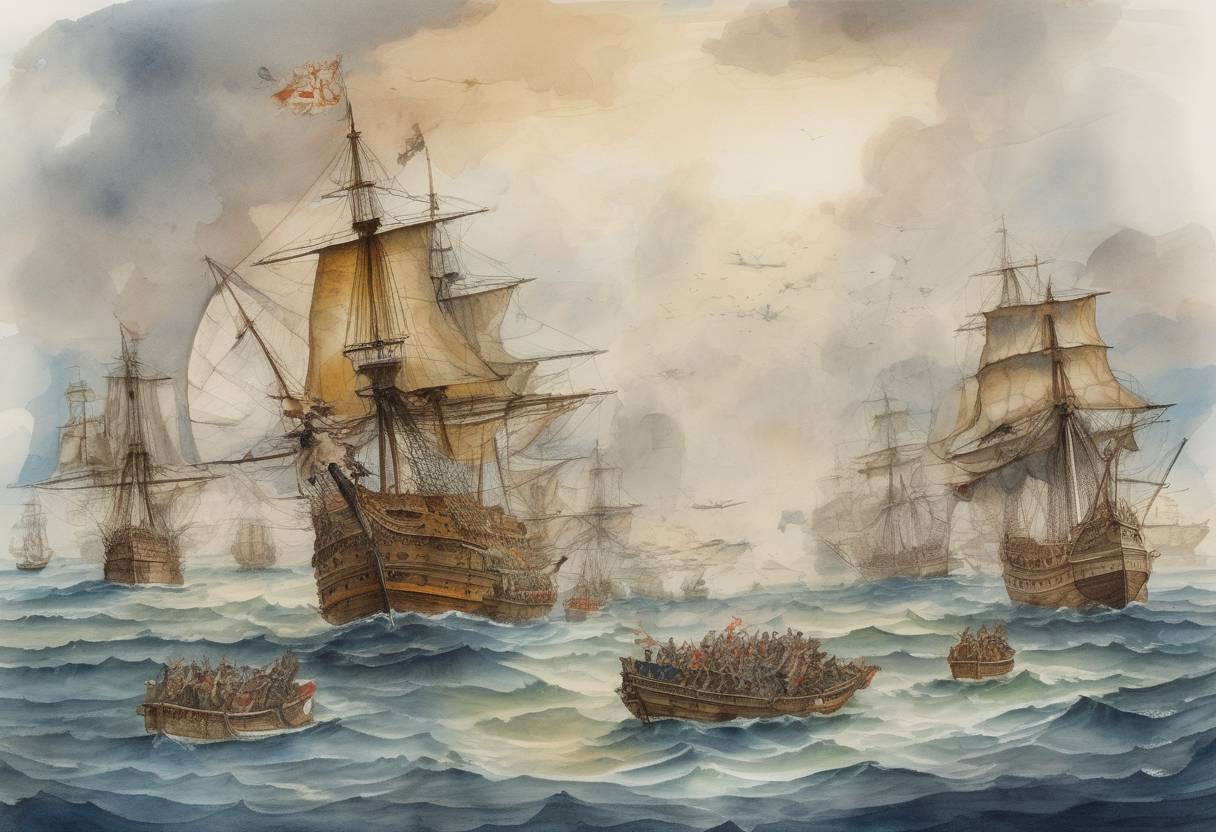 Watercolor painting based depiction of The Spanish Armada was spotted off the coast of England, marking a significant moment in the Anglo-Spanish War. (1588)