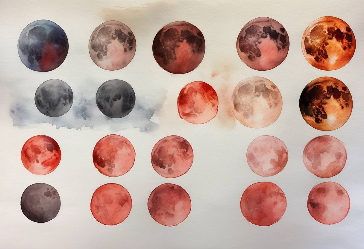 Watercolor painting based depiction of A total lunar eclipse, also known as a 'super blood wolf moon', was visible across North and South America, Europe, and Africa. (2019)
