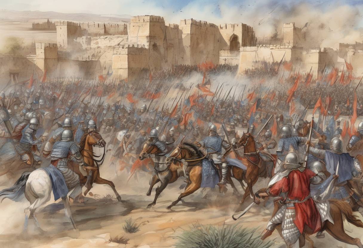 Watercolor painting based depiction of The Battle of Callinicum took place between the Byzantine Empire, led by General Belisarius, and the Sassanian Empire. Despite being a tactical defeat for the Byzantines, it was strategically inconclusive, as the Sasanians failed to capitalize on their victory. (531)