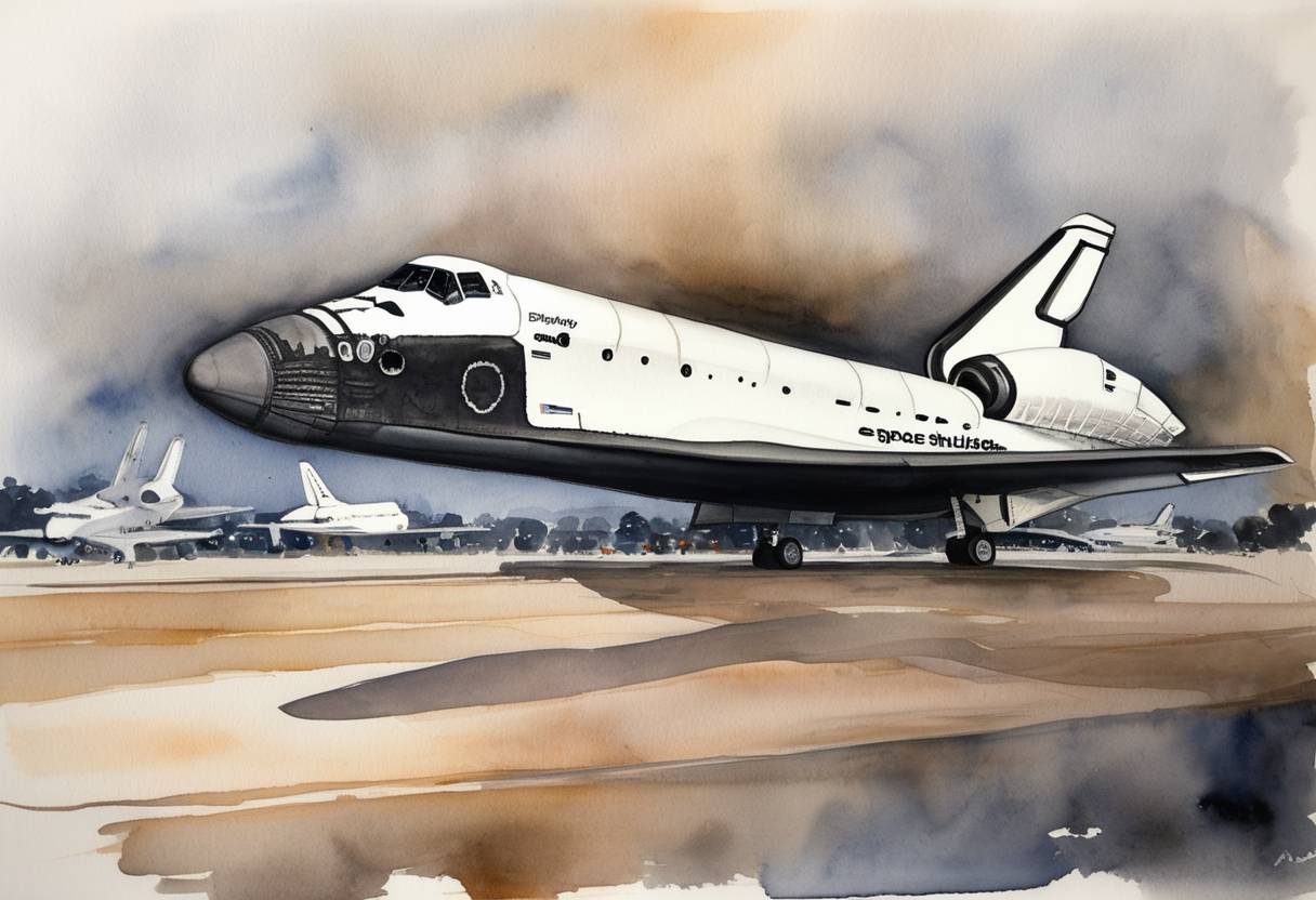 Watercolor painting based depiction of The United States Space Shuttle program sees its final aircraft, Shuttle Endeavour, delivered to the California Science Center for museum display. (2011)