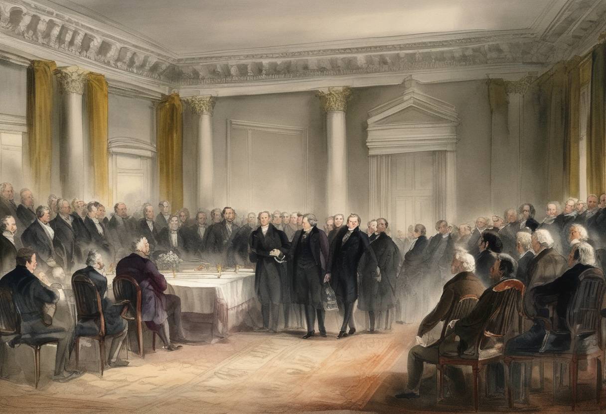 Watercolor painting based depiction of Former U.S. President and Founding Father, James Monroe, is honored by a resolution of Congress to have his remains moved from New York City to the capital of his home state, Virginia. (1831)