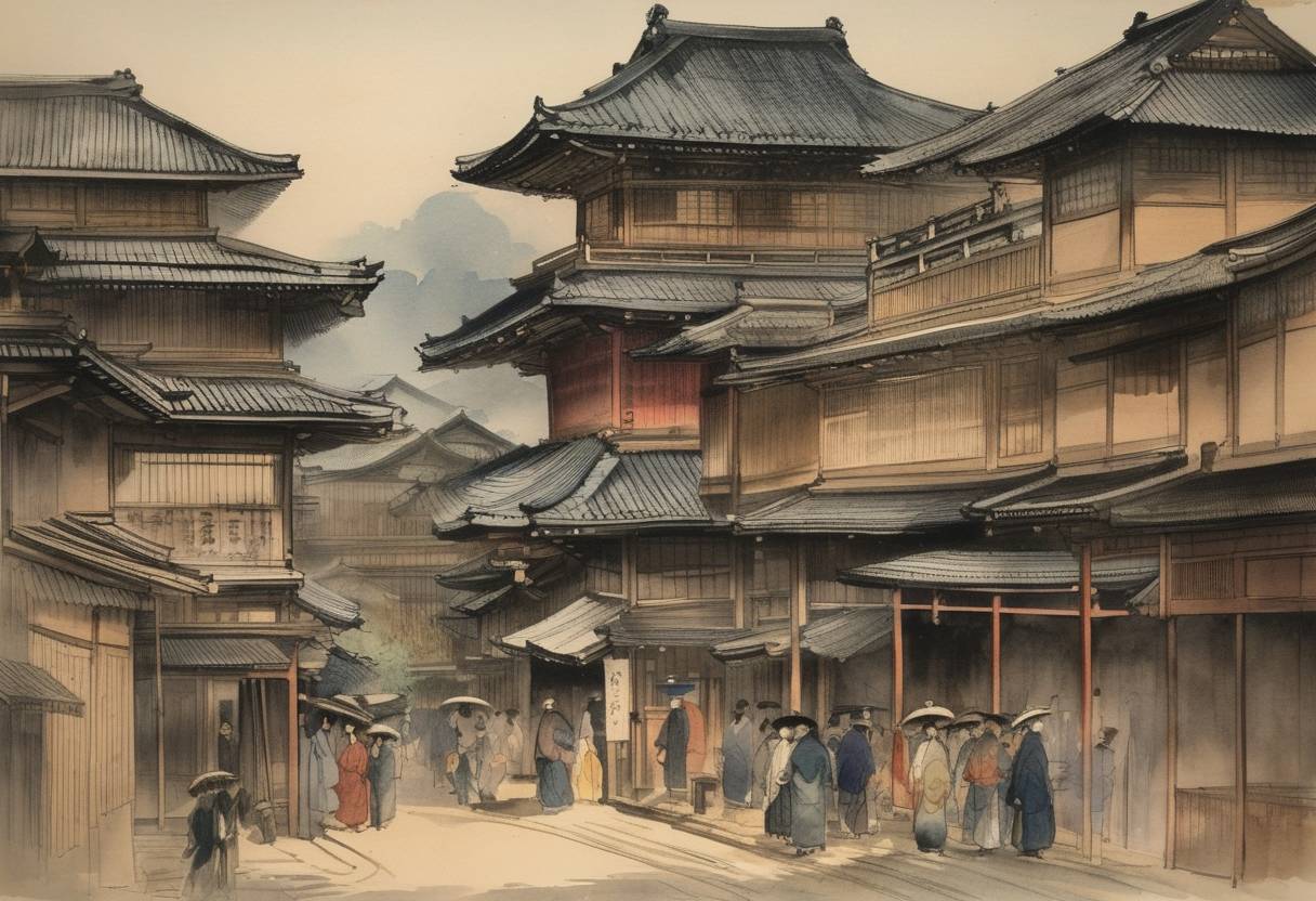 Watercolor painting based depiction of The city of Edo, Japan, officially became Tokyo and designated as the imperial capital following the Meiji Restoration. (1868)