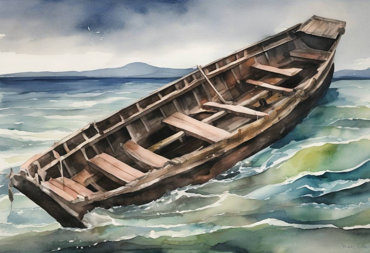 Watercolor painting based depiction of Over 200 people were killed in a ferry accident when a boat capsized off the coast of the Philippines. (2007)