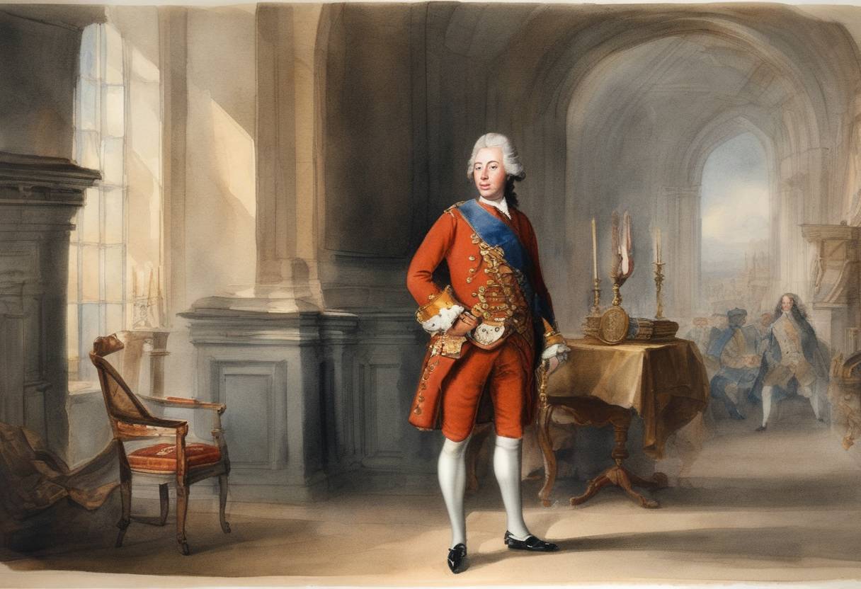 Watercolor painting based depiction of James Stuart, the Old Pretender, landed at Petershead in Scotland to lead a Jacobite uprising, aiming to reclaim the British throne for the House of Stuart. (1715)