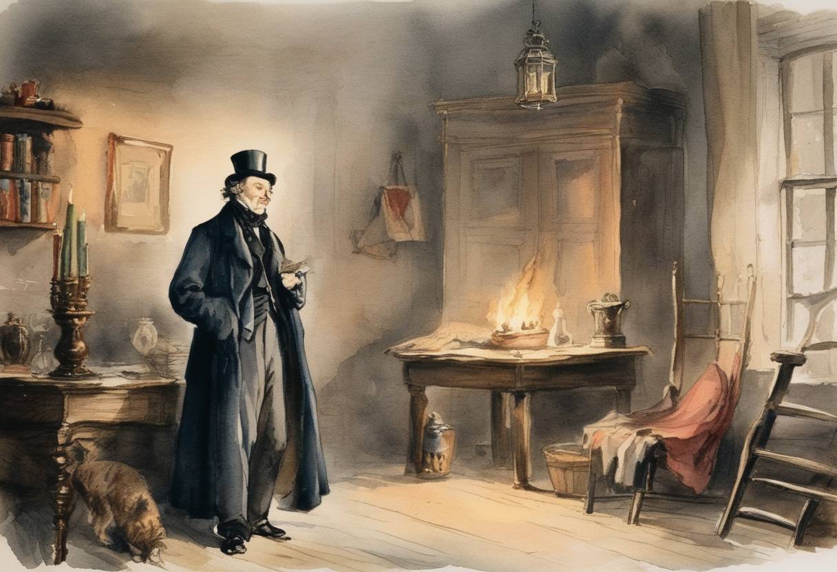 Watercolor painting based depiction of Charles Dickens' novella 'A Christmas Carol' was first published in London. It quickly became a classic story during the Christmas season. (1843)