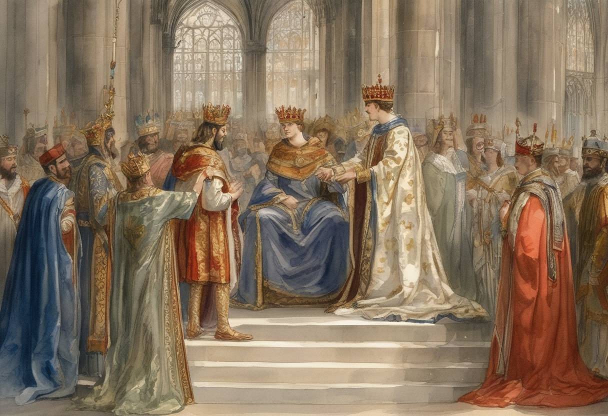 Watercolor painting based depiction of Philip, the son of King Louis VI of France, is crowned as co-king at Reims, securing the Capetian dynasty's continuation. (1131)