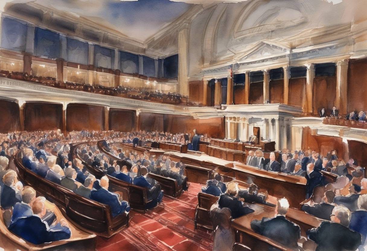 Watercolor painting based depiction of The U.S. House of Representatives voted to begin impeachment proceedings against President Bill Clinton on charges of perjury and obstruction of justice. (1998)