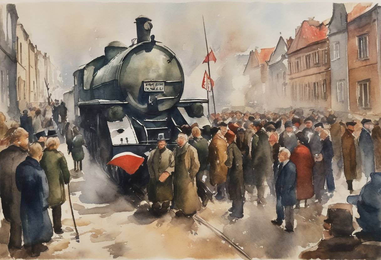Watercolor painting based depiction of The Gdańsk Agreement was signed in Poland, allowing the creation of Solidarity, the first independent labor union in a Soviet-bloc country. This marked a pivotal moment in Polish history, contributing significantly to the eventual collapse of communist rule in Eastern Europe. (1980)