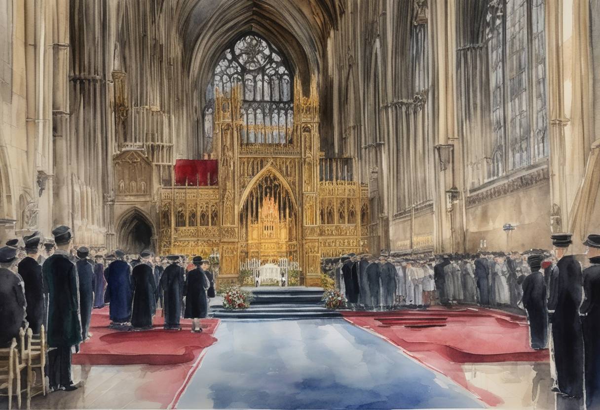 Watercolor painting based depiction of The state funeral for Queen Elizabeth II took place in Westminster Abbey, London, United Kingdom, marking the end of ten days of official mourning since her passing on September 8, 2022. It was attended by numerous world leaders and dignitaries. (2022)