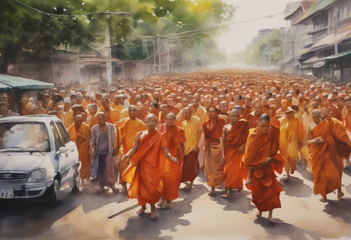 Watercolor painting based depiction of Protests erupted in Myanmar as Buddhist monks began the Saffron Revolution, named after the color of their robes, marking the beginning of a series of demonstrations against the military junta. (2007)