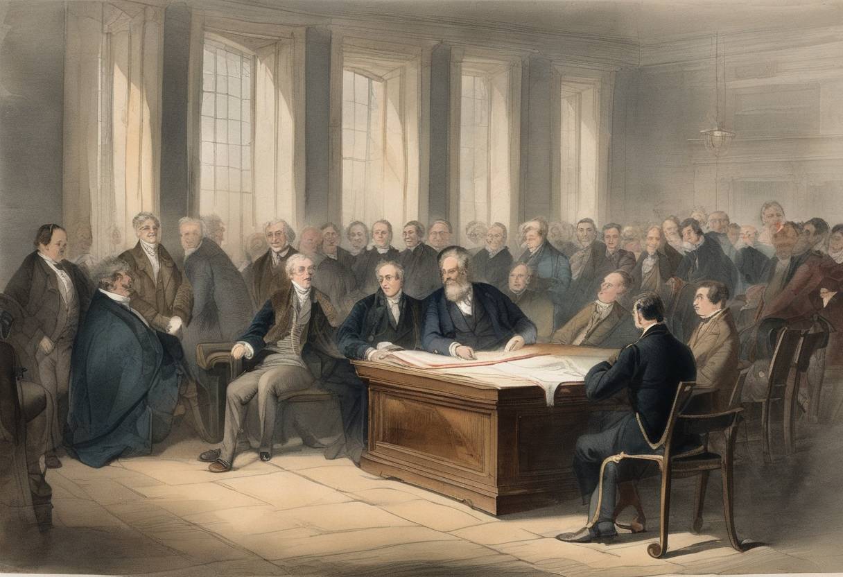 Watercolor painting based depiction of The inaugural meeting of the British Association for the Advancement of Science was held in York to promote science and its applications. (1832)