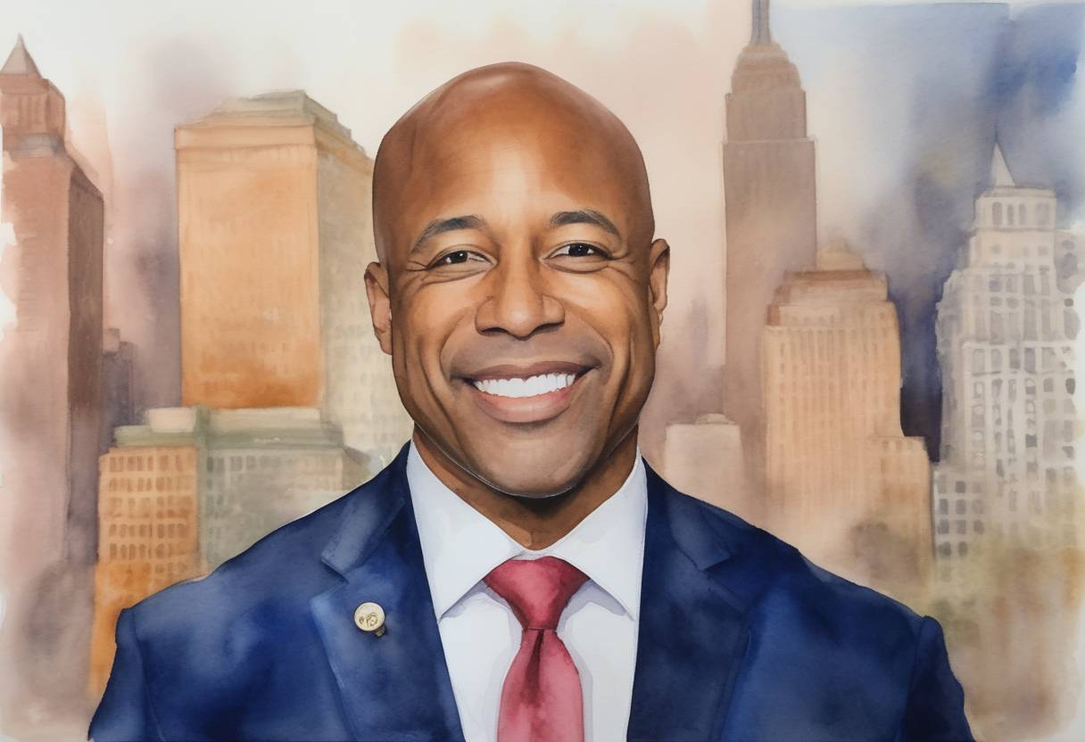 Watercolor painting based depiction of Democrat Eric Adams was elected as the 110th Mayor of New York City, marking a significant political event with him becoming the second African American to hold the position. (2021)