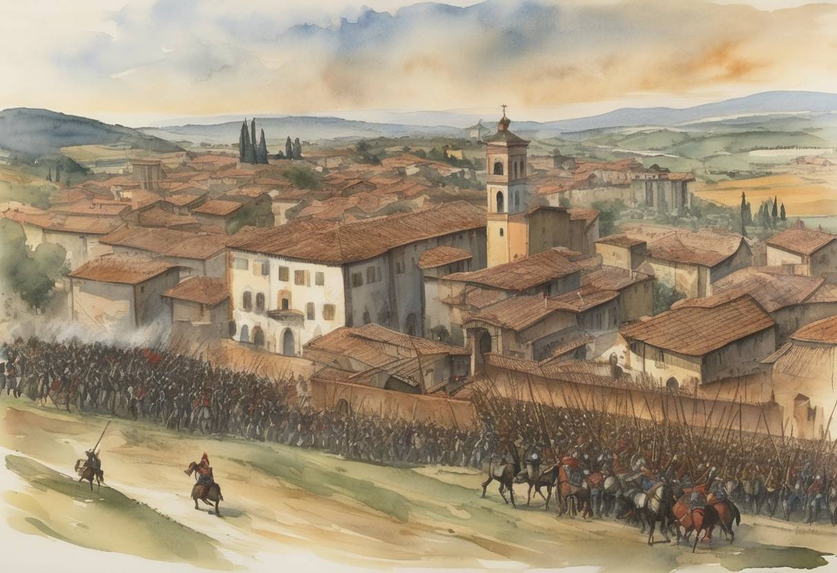 Watercolor painting based depiction of The Battle of Cascina was fought between the Republic of Florence and the Republic of Pisa. This event was part of the ongoing conflicts in Italy during this period, as city-states vied for territorial control and influence. (1363)
