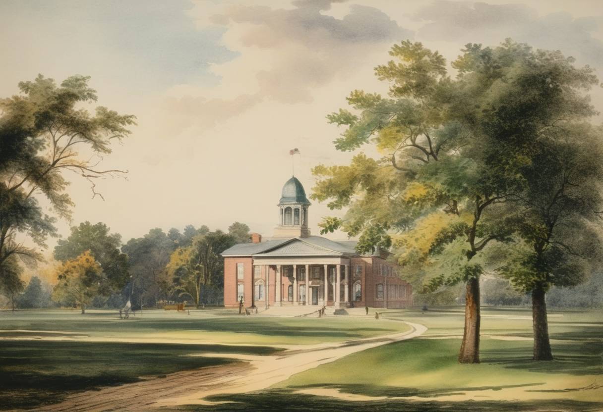 Watercolor painting based depiction of Michigan State University, the first land-grant institution as a model for future land-grant colleges in the United States, was established by the Michigan Legislature. (1855)