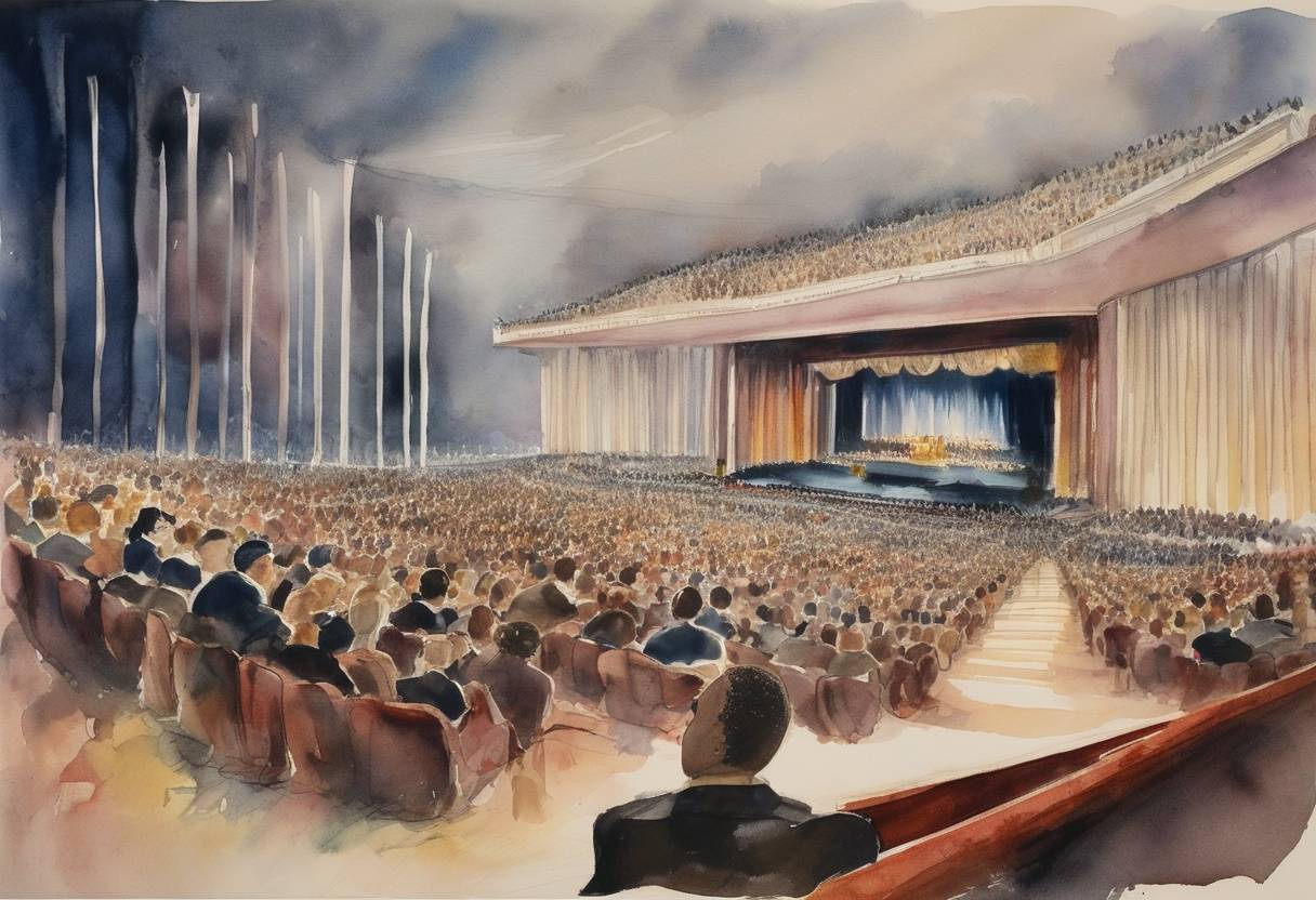 Watercolor painting based depiction of The 40th Academy Awards ceremony was postponed, originally scheduled in April, to April 10, due to the assassination of Dr. Martin Luther King Jr. on April 4, reflecting the national mourning and respect for the civil rights leader. (1968)