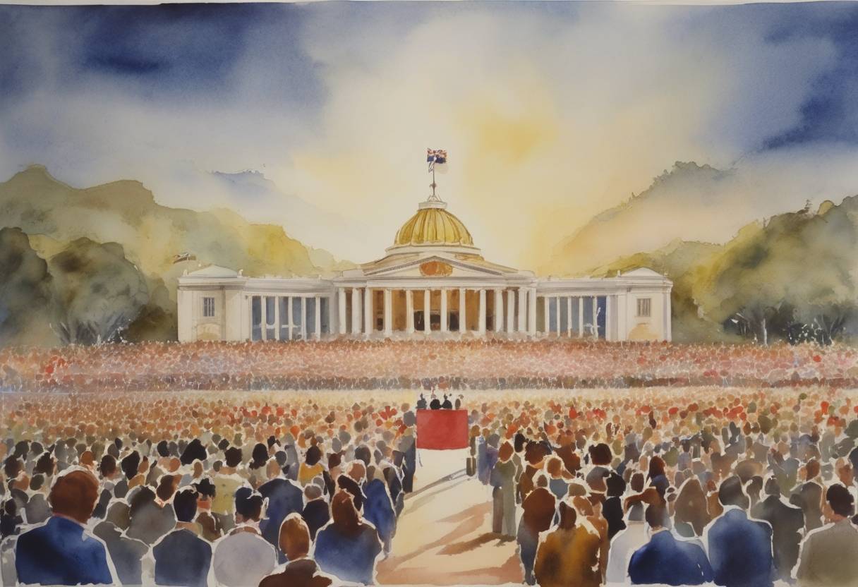 Watercolor painting based depiction of Advance Australia Fair is proclaimed as Australia's national anthem, replacing God Save the Queen. (1984)
