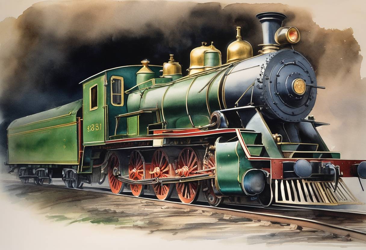 Watercolor painting based depiction of The first US built locomotive to pull a passenger train made its first trip from Schenectady to Albany, New York. (1831)