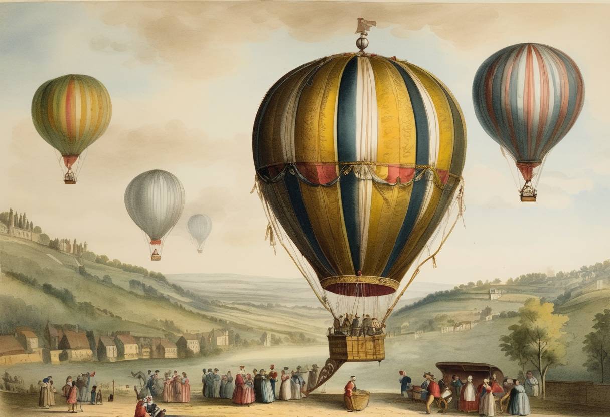 Watercolor painting based depiction of The Montgolfier brothers launched the first public demonstration of their hot air balloon in Annonay, France. (1783)