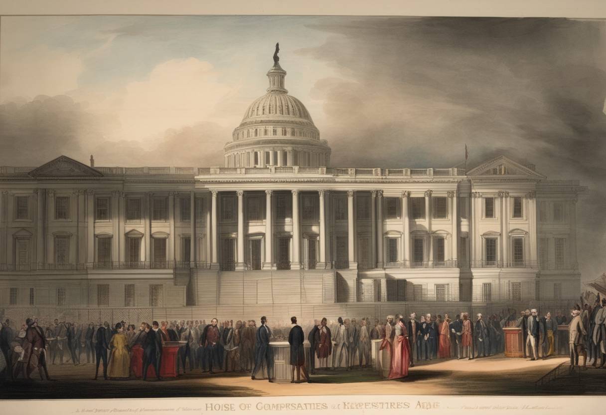 Watercolor painting based depiction of The United States House of Representatives passed the Missouri Compromise, which aimed to balance the power between slave and free states. (1819)