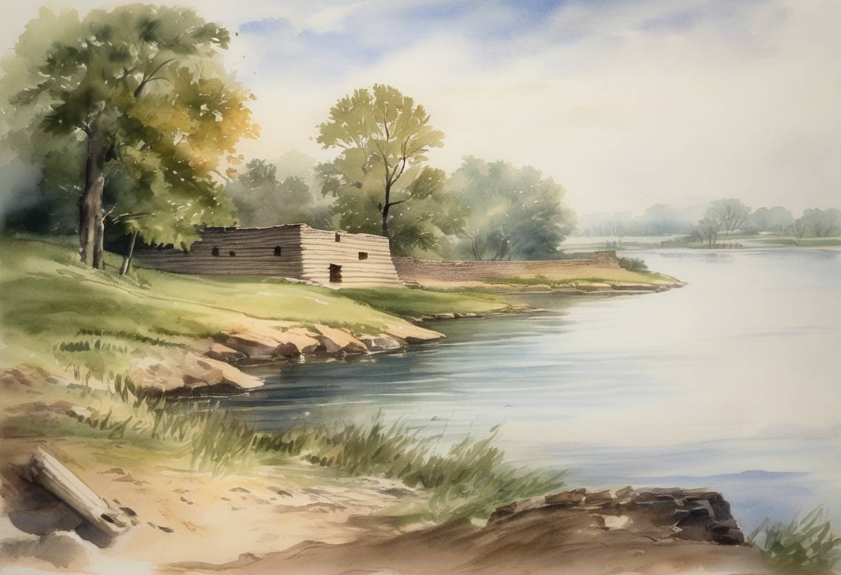 Watercolor painting based depiction of The United States builds its first permanent fort west of the Mississippi River at Fort Kaskaskia, Illinois. (1800)
