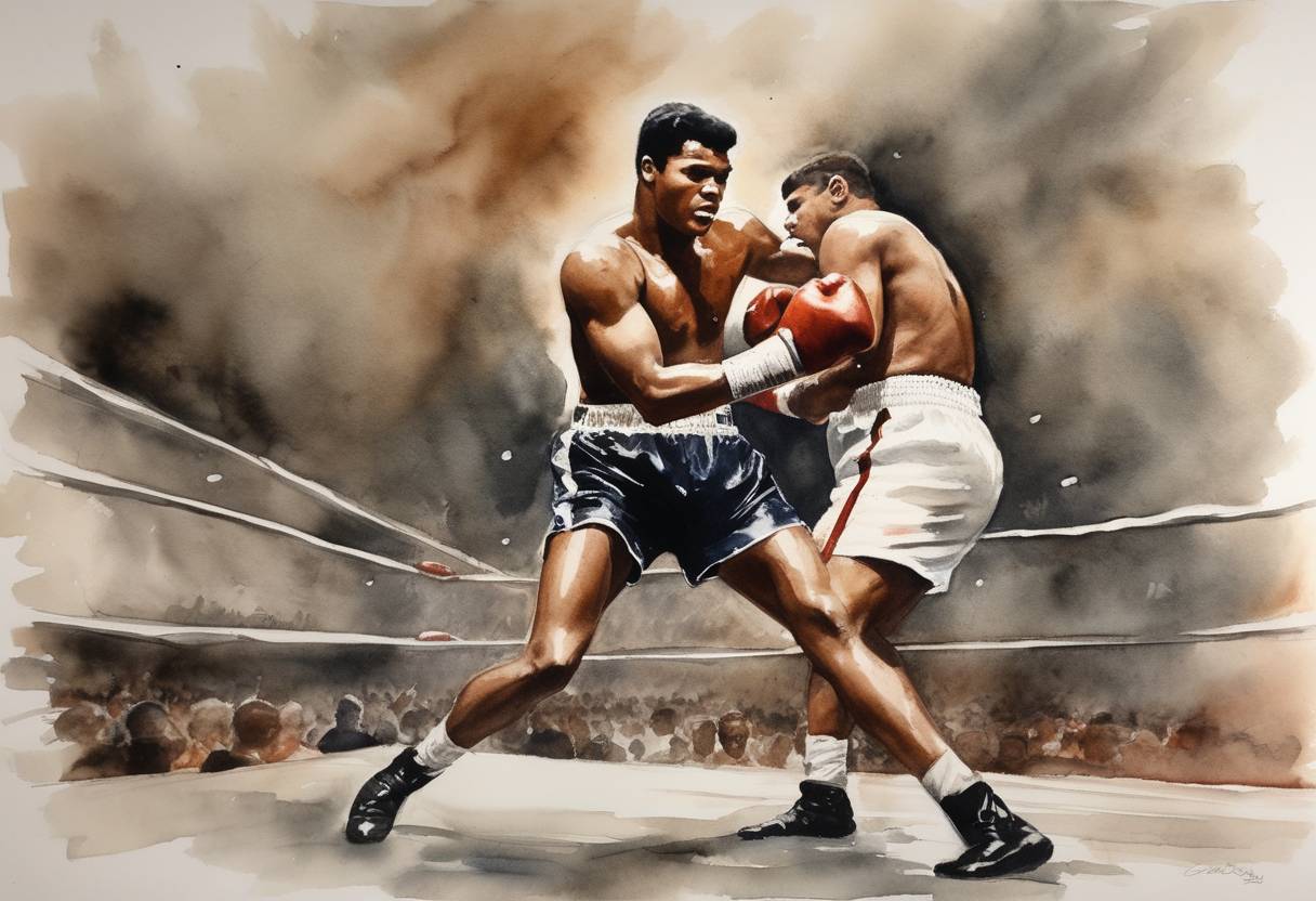 Watercolor painting based depiction of Cassius Clay, later known as Muhammad Ali, wins his first professional fight in a six-round decision over Tunney Hunsaker. (1960)