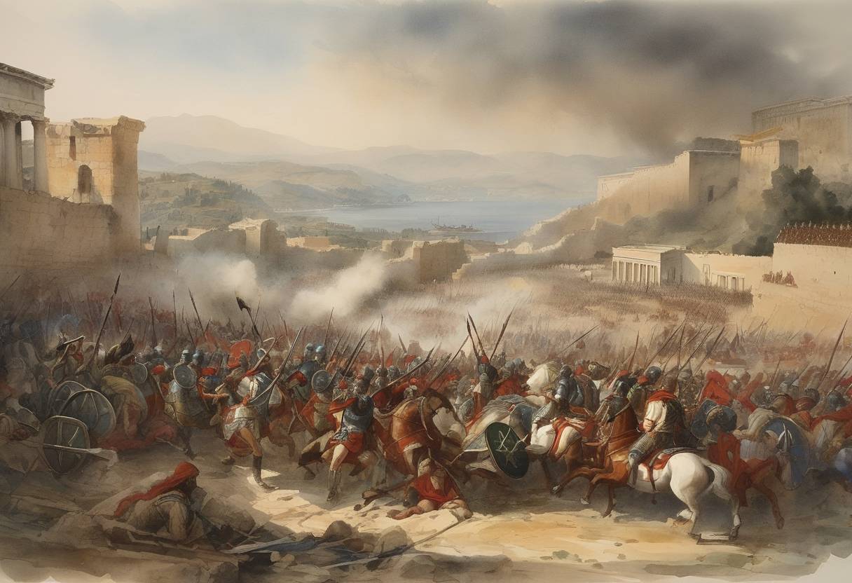Watercolor painting based depiction of The Battle of Pharsalus was fought during Pompey the Great's civil war. It was a decisive engagement resulting in Julius Caesar's victory over the forces of Pompey. (48)