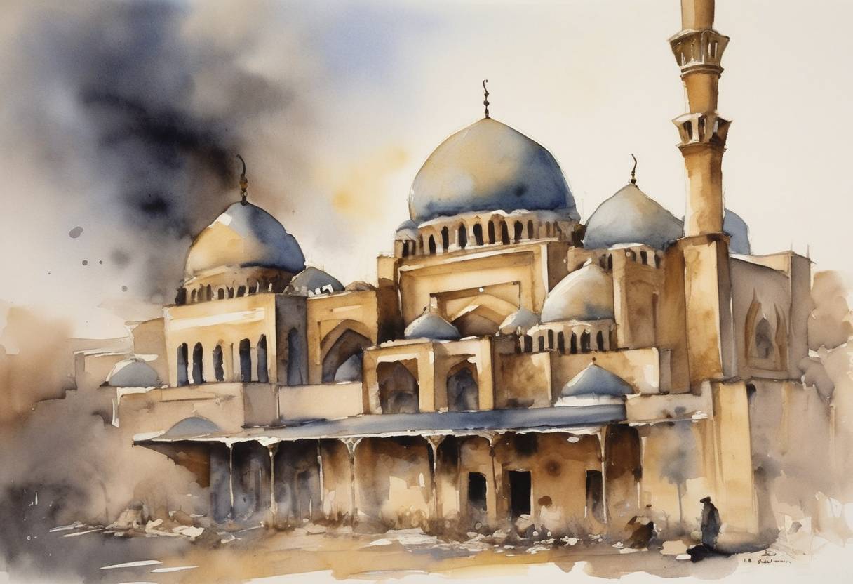Watercolor painting based depiction of The Al Askari Mosque bombing occurred, which was a part of the sectarian violence occurring during the Iraq War. (2007)