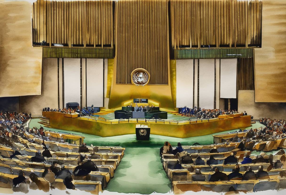 Watercolor painting based depiction of The United Nations General Assembly voted overwhelmingly to demand that Russia immediately end its military operations in Ukraine. The resolution was adopted with 141 countries in favor, 5 against, and 35 abstentions. (2022)